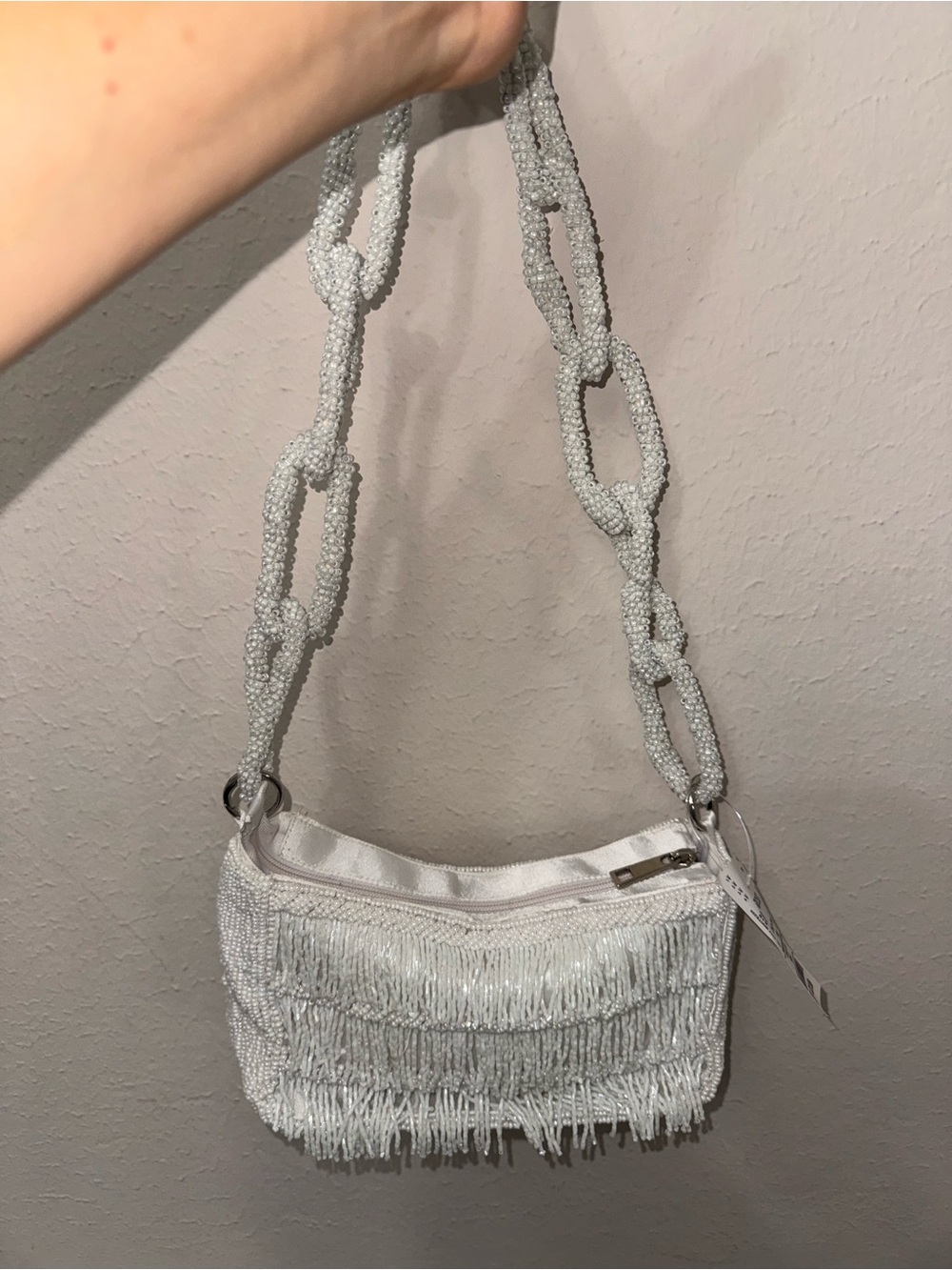 Source Unknown White Beaded Fringe Mini Shoulder Bag with Chain-Link Strap